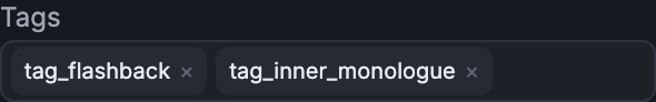 Node B's Tags field on the node inspector, showing two existing tag chips and an empty input ready to type a new tag.