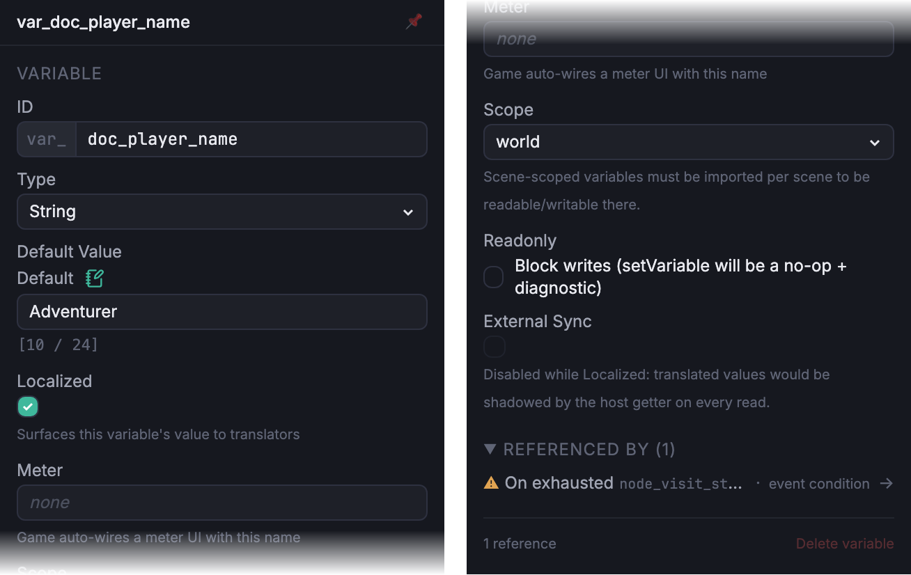 Variable inspector for var_doc_player_name, a string-typed world variable with localized features set, showing default value, type, scope, and the translator notes block.