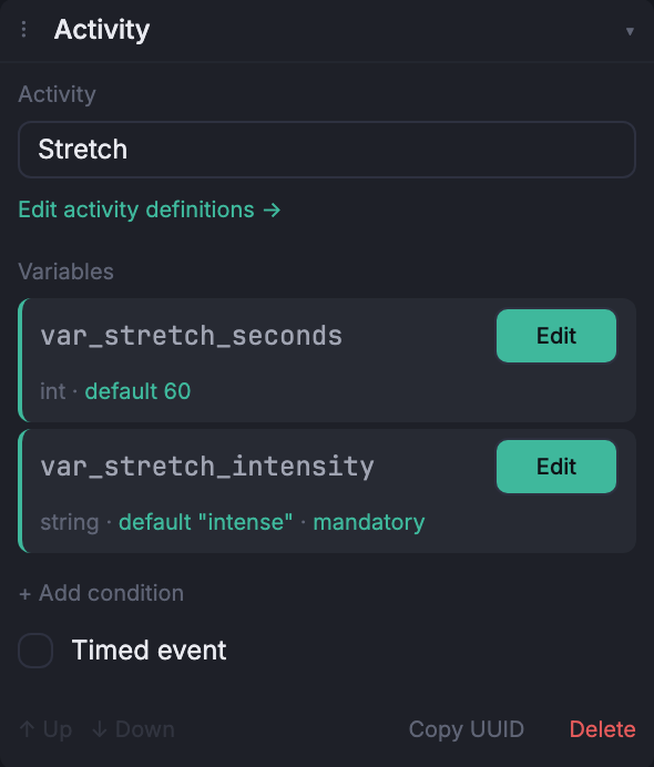 The Activity event composer, expanded in the Node inspector.