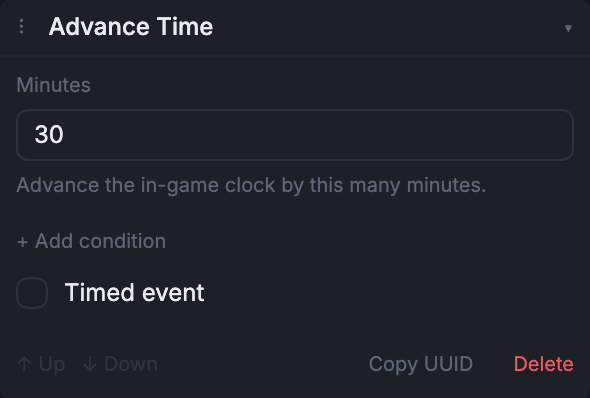 The Advance Time event composer, expanded in the Node inspector.