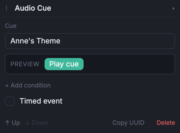 The Audio Cue event composer, expanded in the Node inspector.