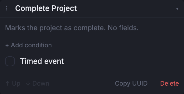 The Complete Project event composer, expanded in the Node inspector.