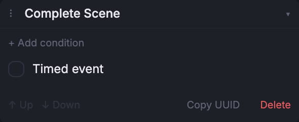 The Complete Scene event composer, expanded in the Node inspector.