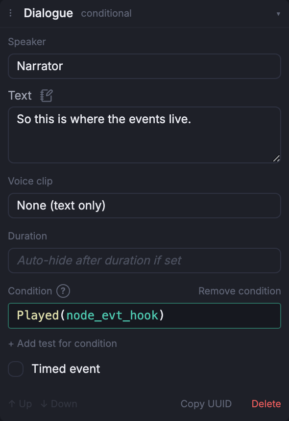 The Dialogue event composer, expanded in the Node inspector.