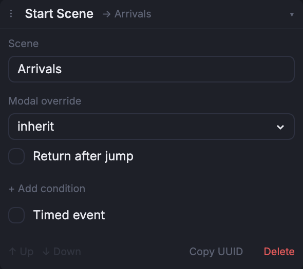 The Enter Scene event composer, expanded in the Node inspector.
