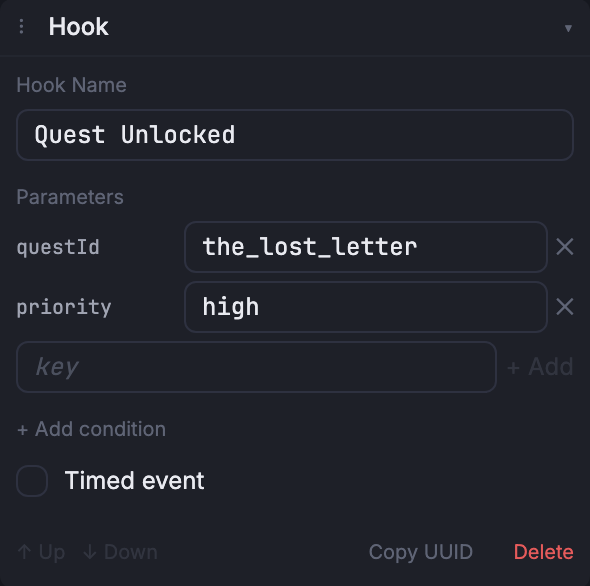 The Hook event composer, expanded in the Node inspector.