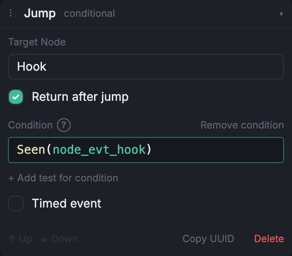 The Jump event composer, expanded in the Node inspector.