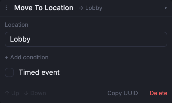 The Move To event composer, expanded in the Node inspector.