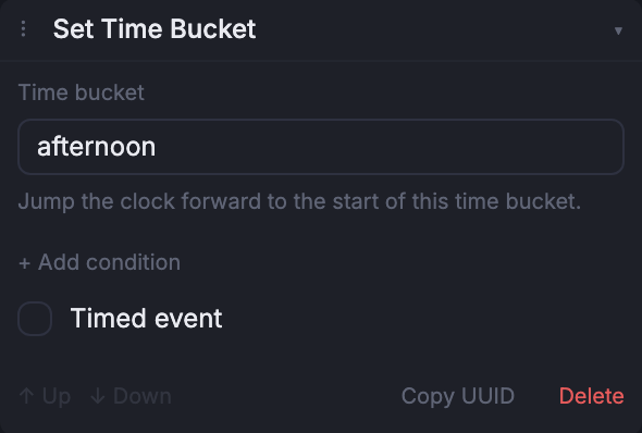 The Set Time Bucket event composer, expanded in the Node inspector.