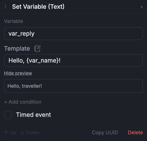 The Set Variable Text event composer, expanded in the Node inspector.
