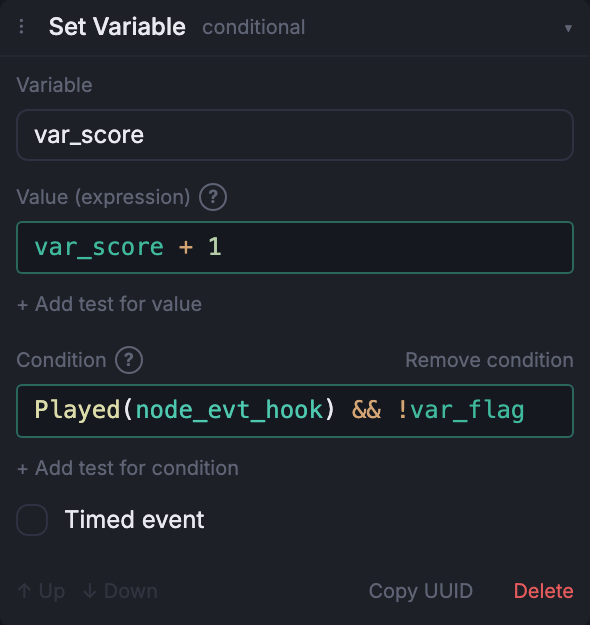 The Set Variable event composer, expanded in the Node inspector.