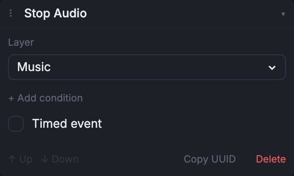 The Stop Audio event composer, expanded in the Node inspector.