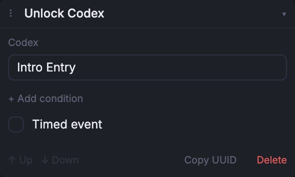 The Unlock Codex event composer, expanded in the Node inspector.