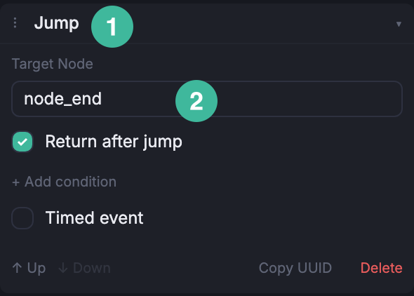 A2 inspector showing a Jump event with target node_end
