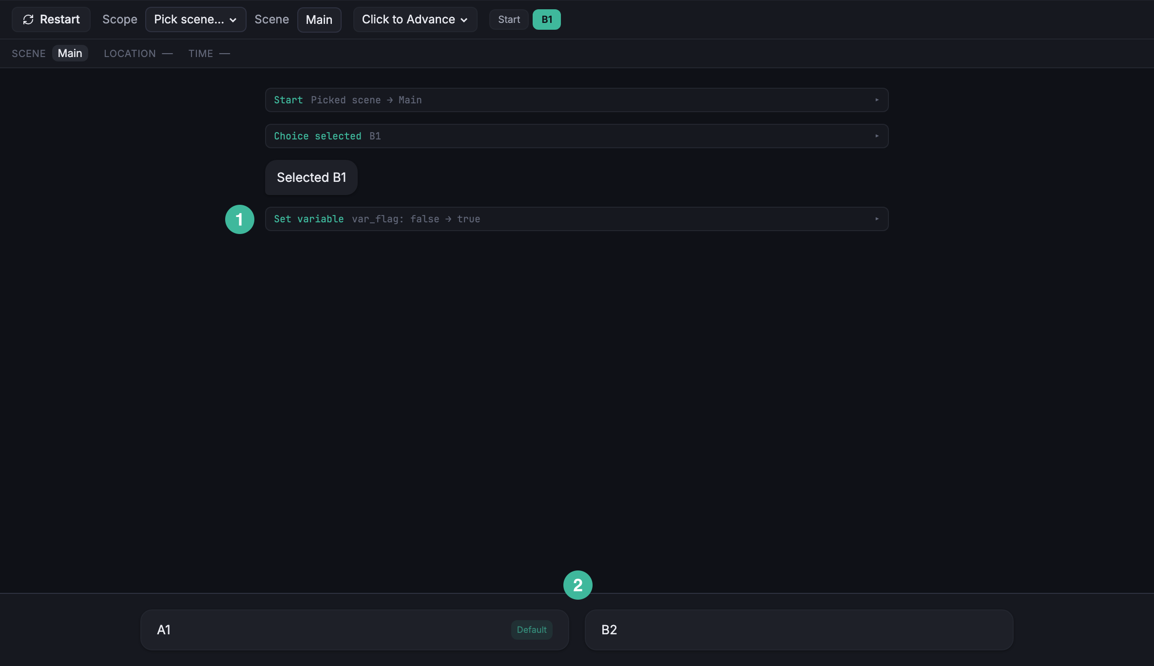 After picking B1: A1 still visible, B2 unlocked, Set Variable in the timeline