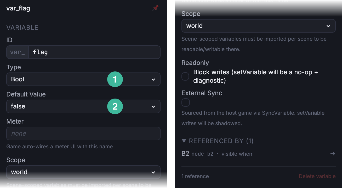 Variable inspector showing var_flag as bool with default false