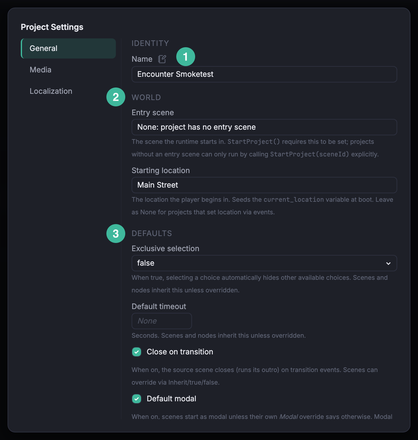 General tab of the Project Settings dialog with the Name field, World section, and Defaults section highlighted.