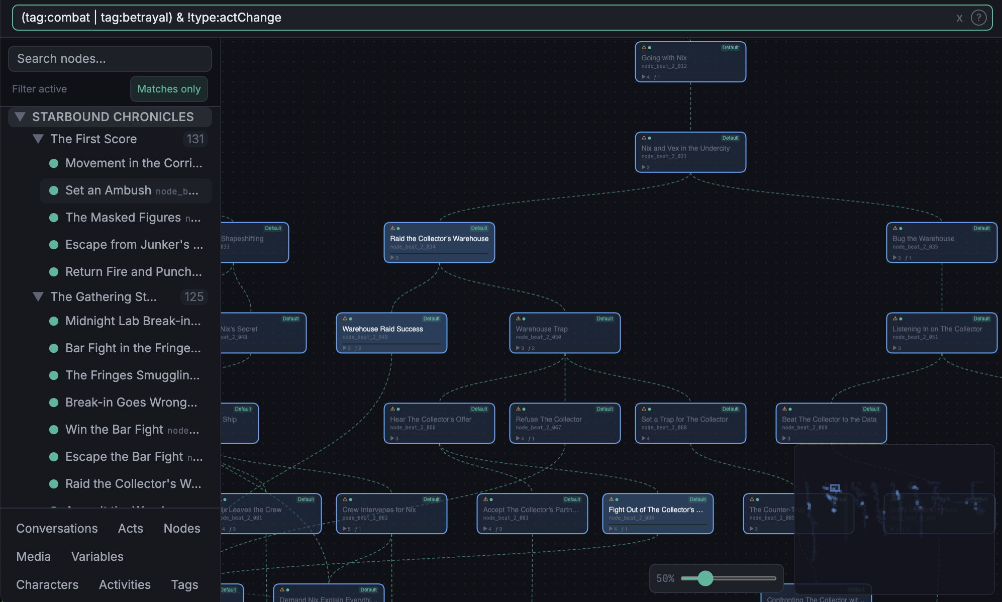 Canvas with active filter chips and highlighted matching nodes
