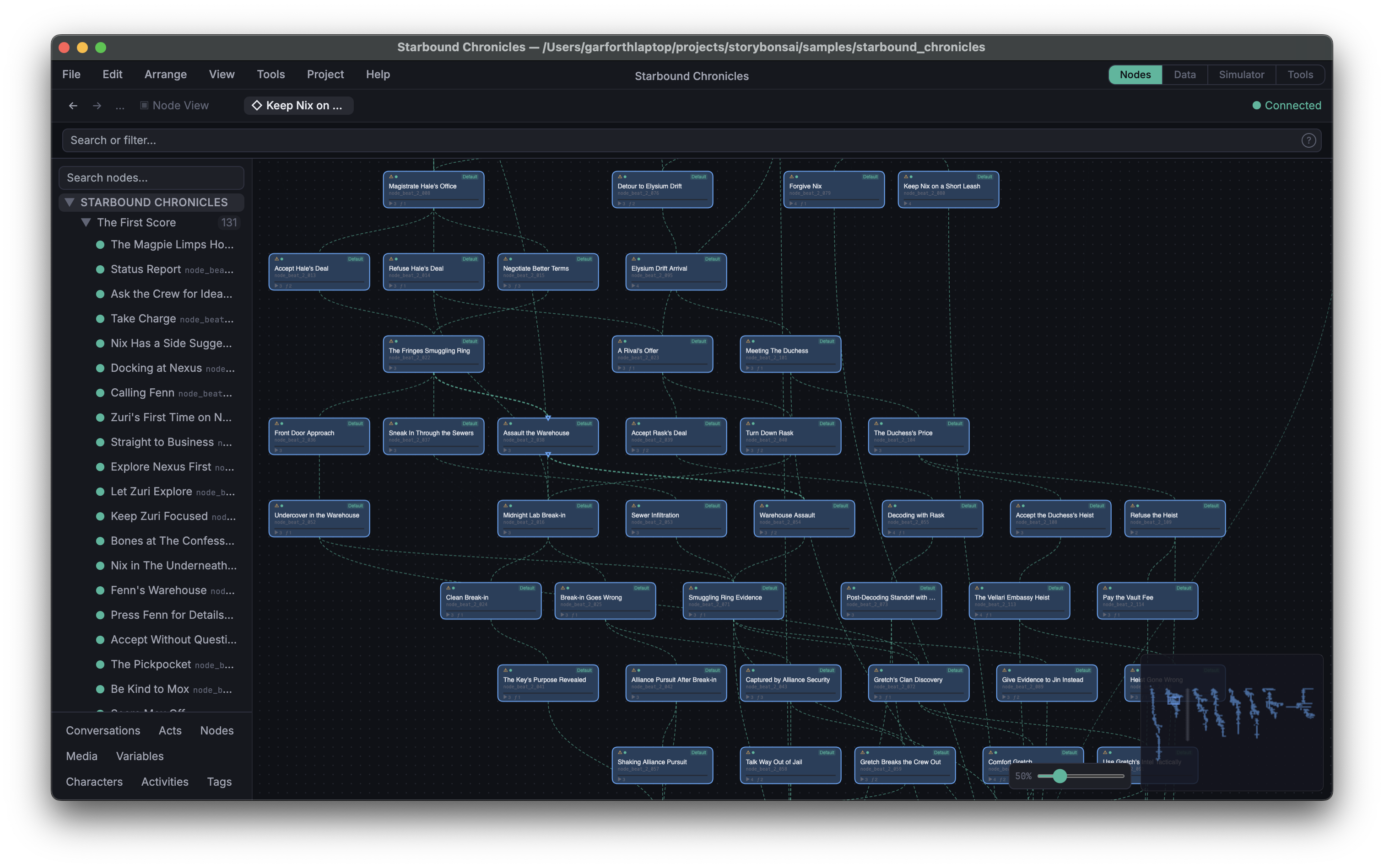 The StoryBonsai node graph editor showing a branching conversation