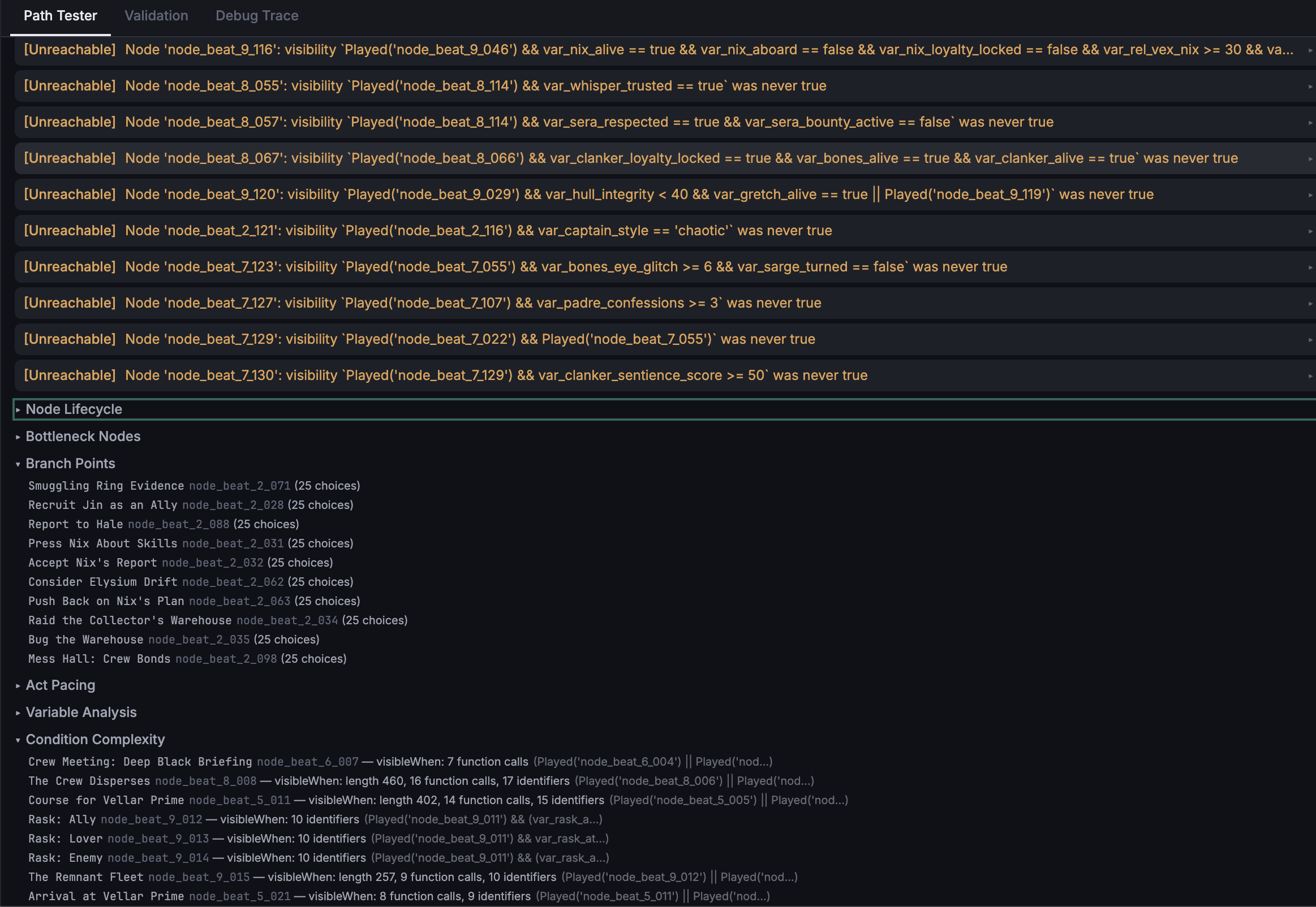 The path-tester panel inside the editor showing statistics, issues, and per-conversation breakdowns