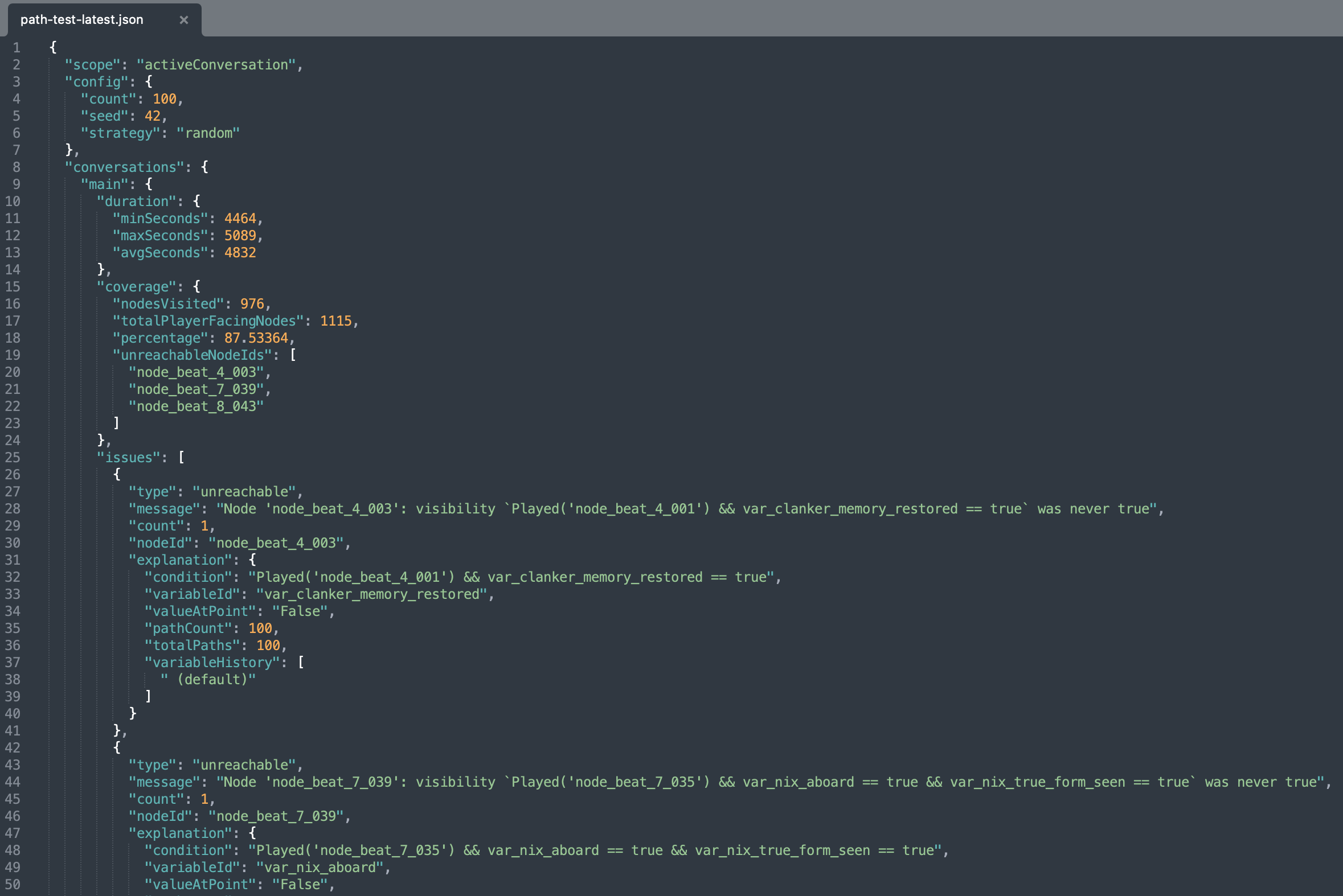 A JSON path-test report output showing project totals, statistics, and issue traces