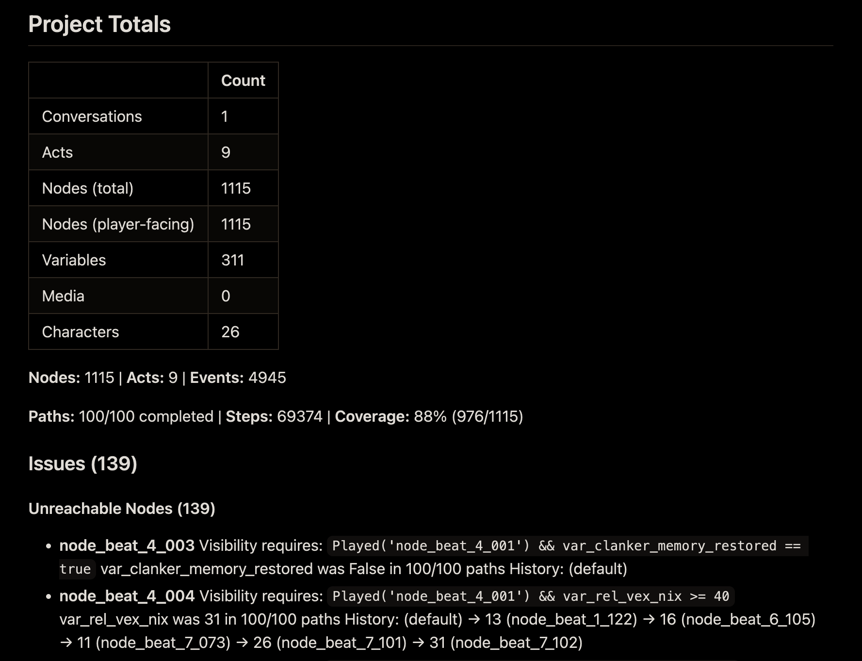 A path-test markdown report with project totals, per-conversation breakdown, and issues