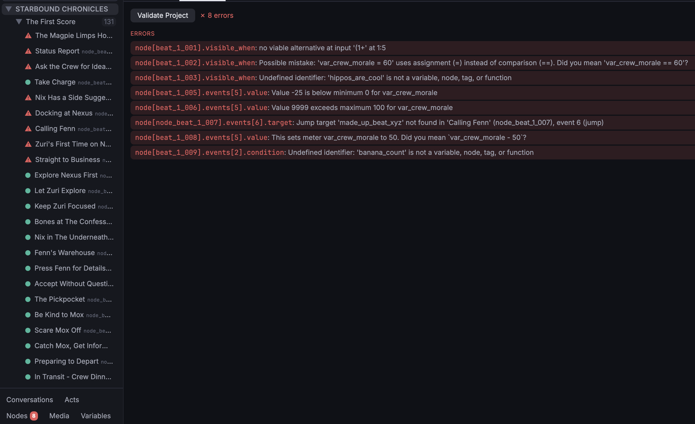The Project Validator panel showing errors