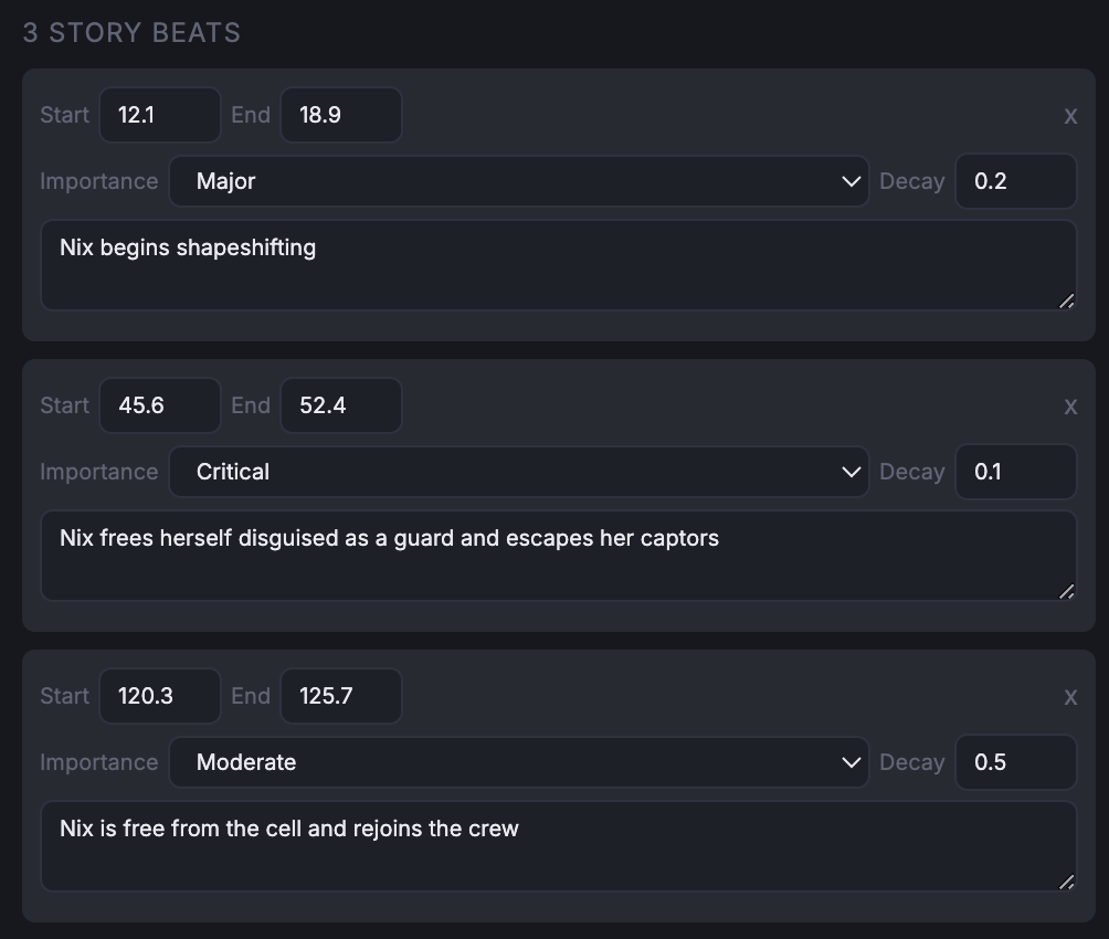 The story-beats editor panel listing beats with importance and decay values